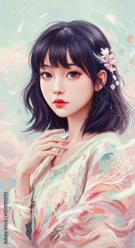 Pixel Portrait of Young Woman with Short Dark Hair Flower Adornment