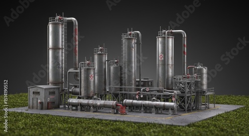 Pixelated 3D Industrial Factory Plant with Pixel Art and Grass