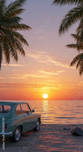 Pixelated Retro Car at Sunset by Ocean with Palm Trees Illustration