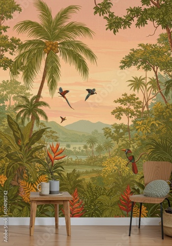 Pixelated Tropical Jungle Illustration Vibrant Parrots Detailed Foliage