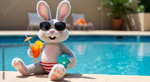 Plush Easter Bunny with Sunglasses Relaxing by a Sunny Pool