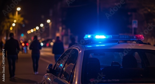 Police Car Lights Shine Bright at Night City Crime Scene Photo