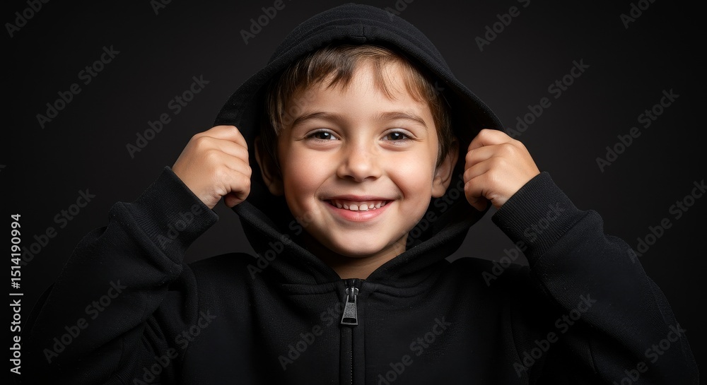 Portrait of Smiling Young Boy in Black Hoodie Studio Background Portrait of Smiling Young Boy in Black Hoodie Studio Background
