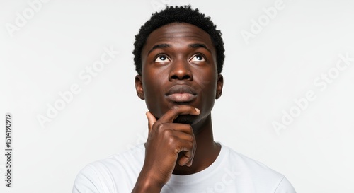 Portrait Man Thinking Looking up Doubt Questioning White Background
