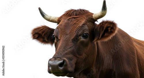Portrait Of A Brown Bull Cattle Animal Head With Horns And Black Eyes