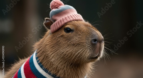 Portrait of a Cute Capybara Wearing a Knitted Hat Winter Outdoors