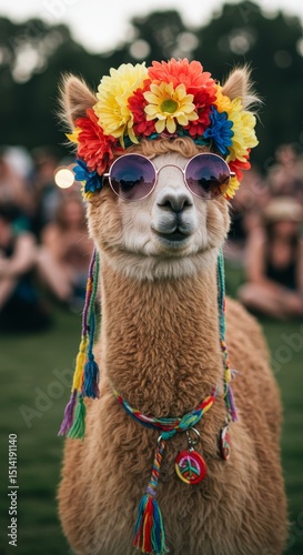 Portrait Of Alpaca Wearing Sunglasses And Flower Crown On Grassy Field