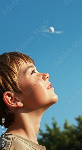 Portrait of Boy Looking Up at Spherical Object in Blue Sky