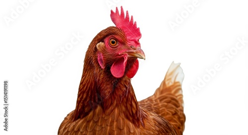 Portrait Of Brown Chicken With Red Crest On White Background Photo