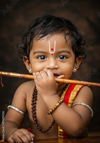 Portrait of Krishna Baby with Flute in Traditional Hindu Attire