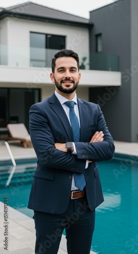 Portrait Of Man With Arms Crossed Posing By A Pool At House