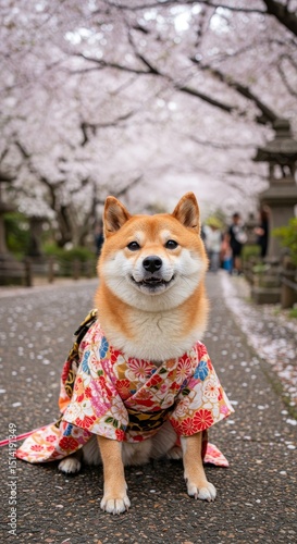 Portrait of Shiba Inu Dog in Kimono under Cherry Blossoms Tree
