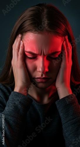 Portrait of Woman Suffering from Headache Stress with Red Light