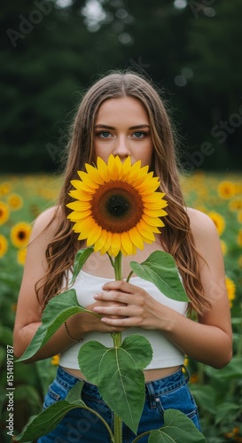 Portrait Young Woman Holding Sunflower in Summer Field Outdoors