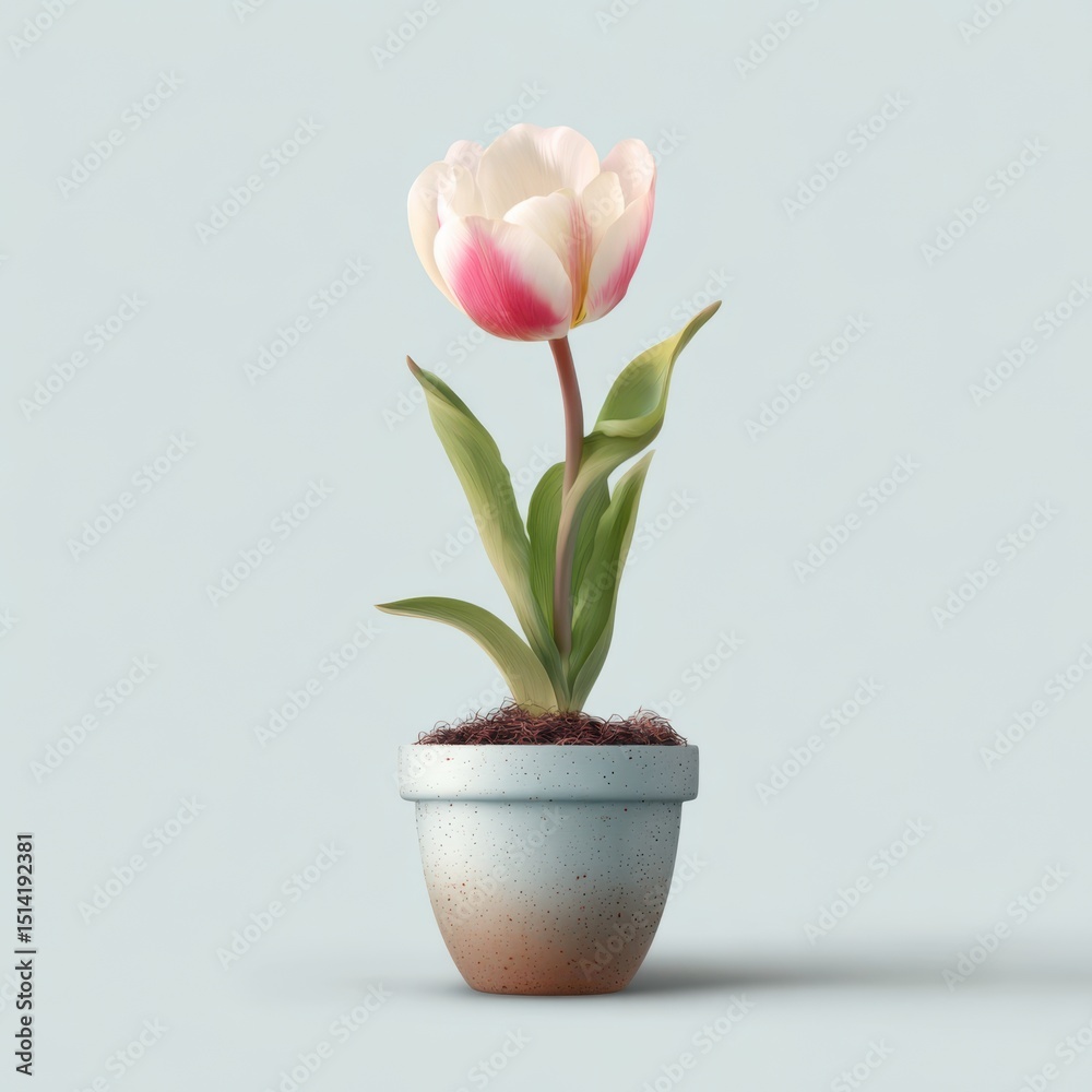 Obraz premium Minimalist vector illustration of a blooming tulip in a small ceramic pot on a clean white background