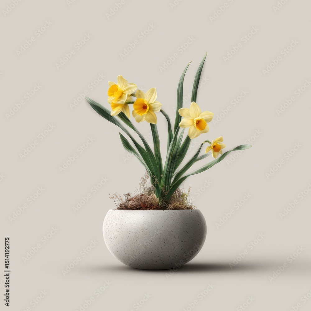 Vector art of a tiny daffodil plant in a small round pot on a clean white background