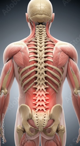 Realistic Illustration of Human Anatomy Back with Muscle and Spinal Pain
