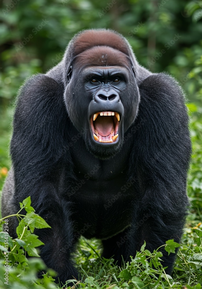 Obraz premium Realistic Image of Angry Gorilla Roaring in Lush Green Forest