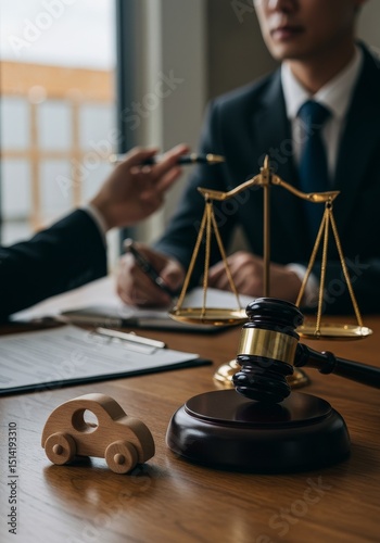 Realistic Image Golden Scale of Justice Gavel on Wood Table Background