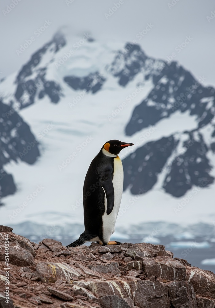 Fototapeta premium Realistic Image of Emperor Penguin Standing Snow Mountain Antarctica Bird