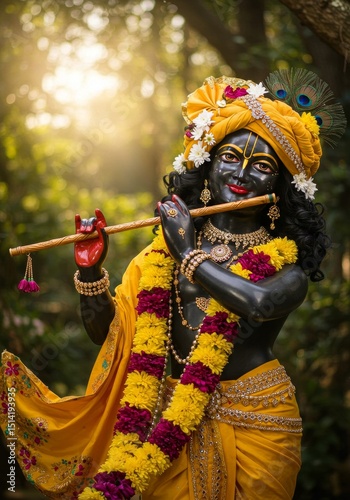 Realistic Image of Krishna Playing Flute Adorned with Yellow Garlands