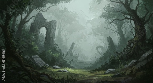 Pixel Art Landscape Misty Forest Ruins Ancient Pixelated Environment