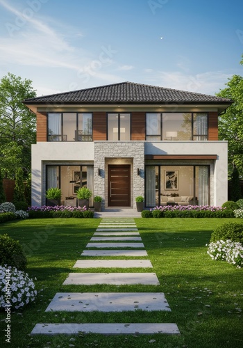 Realistic Image of Modern Home Exterior Facade Lawn and Garden