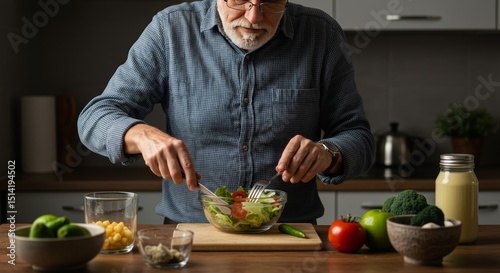 Realistic Image of Senior Man Preparing Green Salad in Kitchen