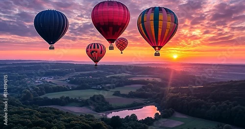 Colorful hot air balloons flying at sunset over green fields. Dramatic sky with a beautiful light. A beautiful landscape