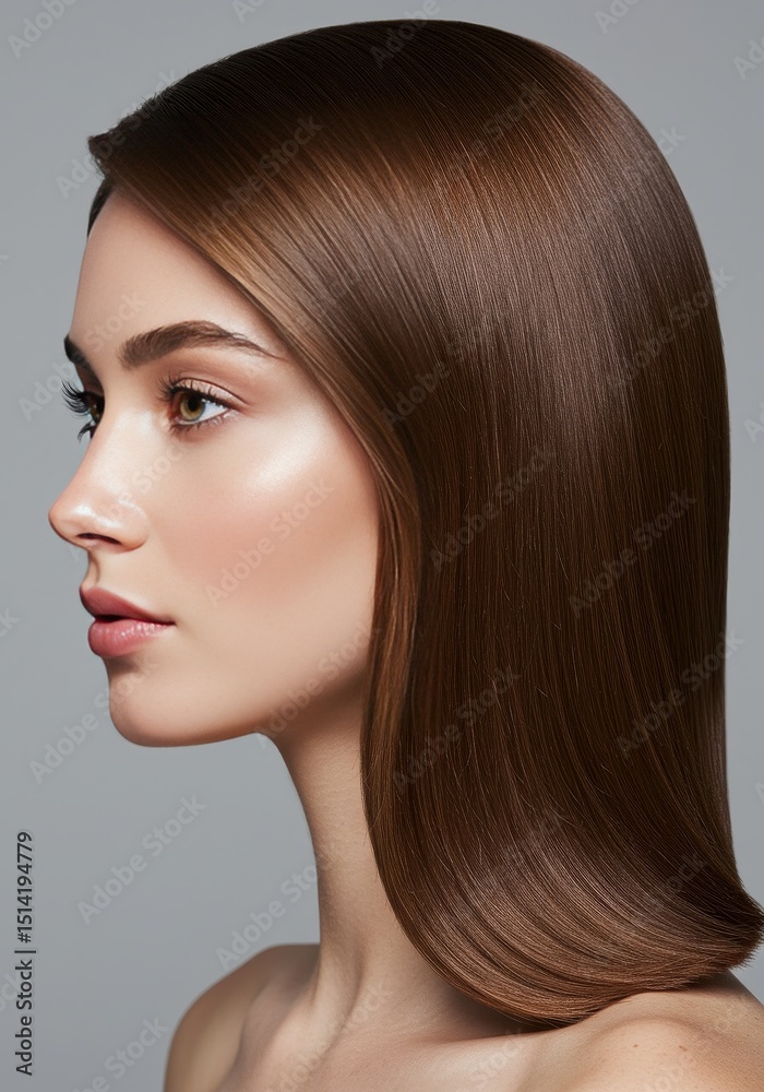Fototapeta premium Realistic Image Profile of Shiny Haired Woman with Elegant Makeup