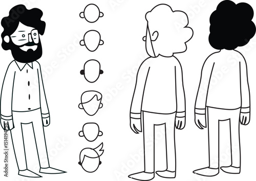 Cartoon Illustration Male Figures with Black Hair and Beard, Head Silhouettes, Character Design