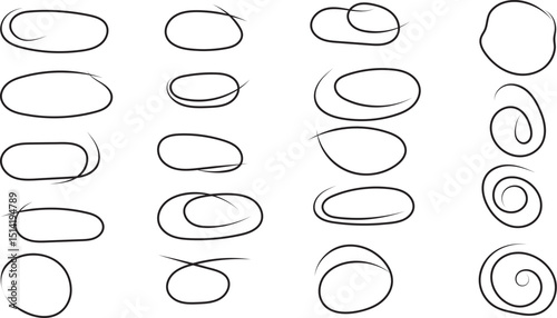 Collection of HandDrawn Circles, Ovals, and Spirals Isolated on a Clean White Background