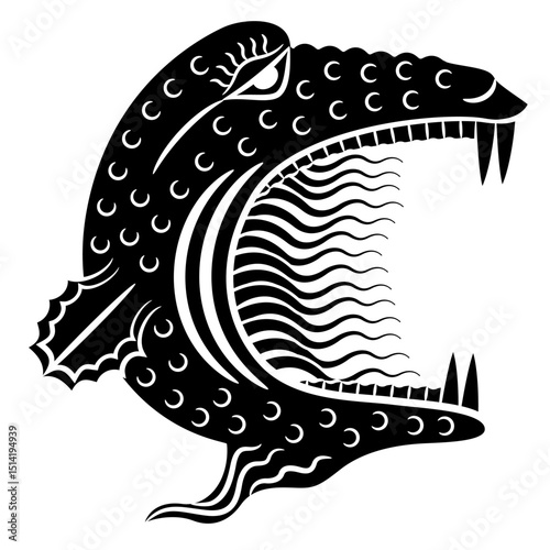 Head of fantastic monster with open mouth, sharp fangs and burning fire. Medieval European design. Black and white silhouette.