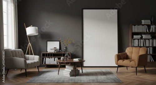 Realistic Interior Design with Armchairs Bookshelves and Wooden Floor