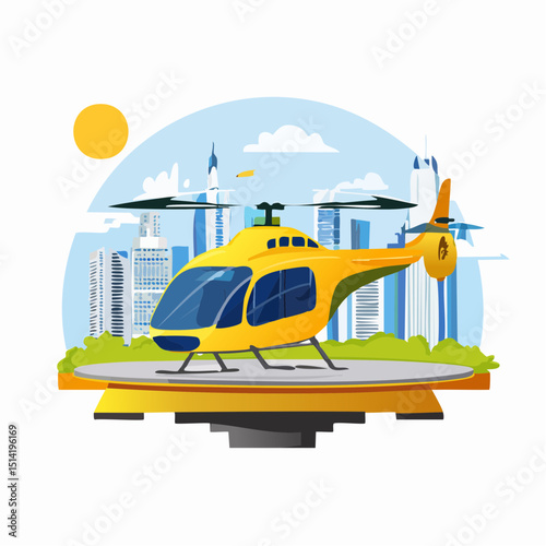 Futuristic eVTOL air taxi hovering above cityscape with rotor wings and smooth shape.