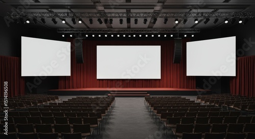 Realistic Photo of Empty Conference Stage Red Curtains Spot Lighting