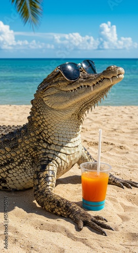 Realistic Photo of a Crocodile Enjoying Tropical Beach Summer Vacation
