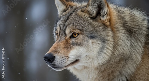 Realistic Photo of Gray Wolf Portrait Wildlife in Cold Winter Snow