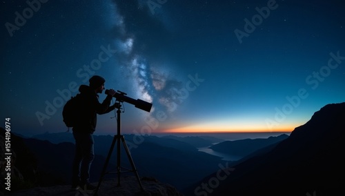 Wallpaper Mural A person observing the Milky Way through a telescope on a clear starry night, surrounded by mountain landscapes Torontodigital.ca