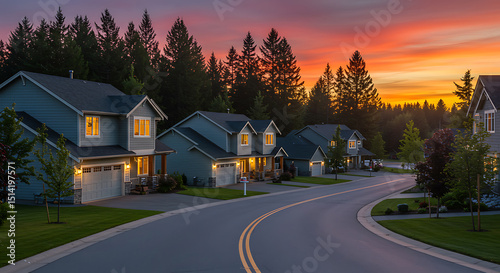 Suburban Neighborhood Street at Sunset Dusk