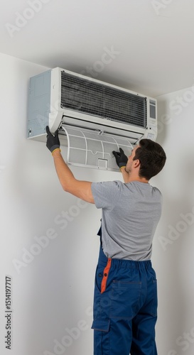 Professional Man Repairing Air Conditioner System Indoors in Apartment