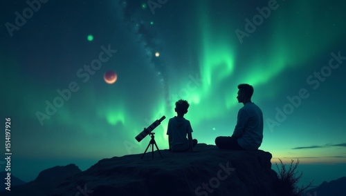 Wallpaper Mural A peaceful stargazing moment captured of a child and an adult looking at the stars through a telescope, with the night sky glowing Torontodigital.ca