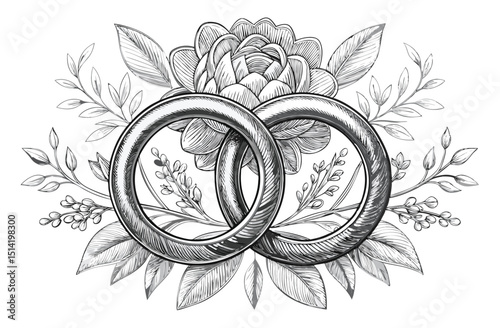 Vintage Wedding Ring Engraving with Flower – Black and White Line Art