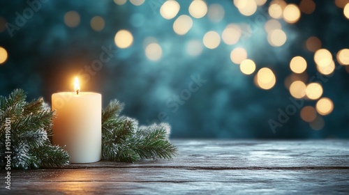 A single candle sits on a rustic wooden table, adorned with pine sprigs, against a backdrop of blurred teal lights