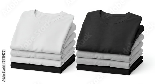 Studio Shot of Folded Stack T-Shirts Clothing in Black White Gray
