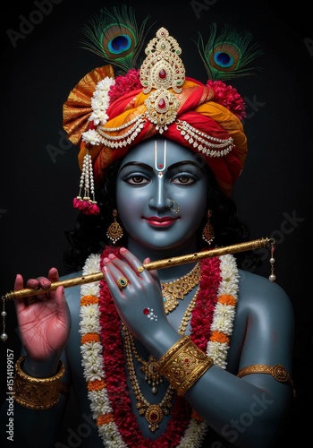 Realistic Image of Lord Krishna with Flute Divine Hindu God