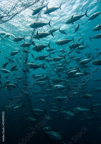 Underwater Photo of Tuna School Swimming in Deep Blue Ocean