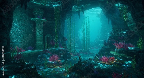 Underwater Pixel Cave With Vibrant Coral Reef And Stone Column 3D