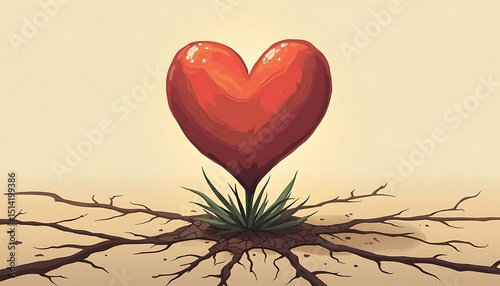 Red Heart Growing From Cracked Earth