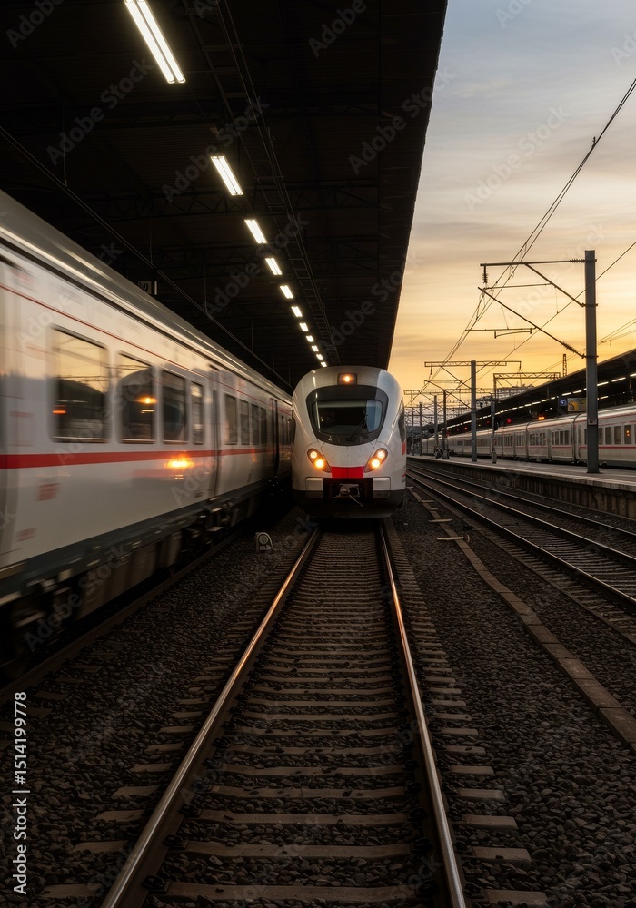 Naklejka premium Realistic Image Train at Station Platform Tracks during Sunset
